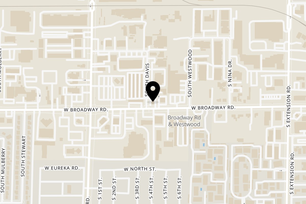 Map showing the location of Taquitos Jalisco on 1052 W Broadway Rd in Mesa